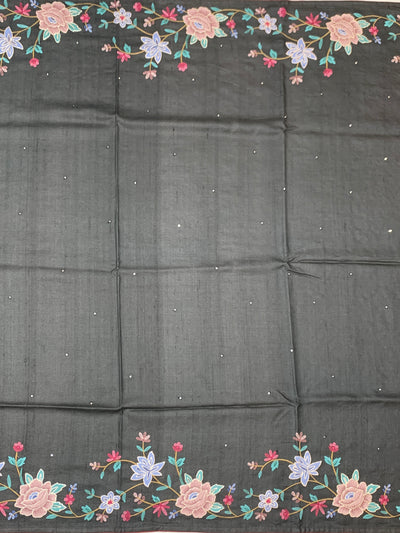 Charcoal Grey Tussore Silk Saree