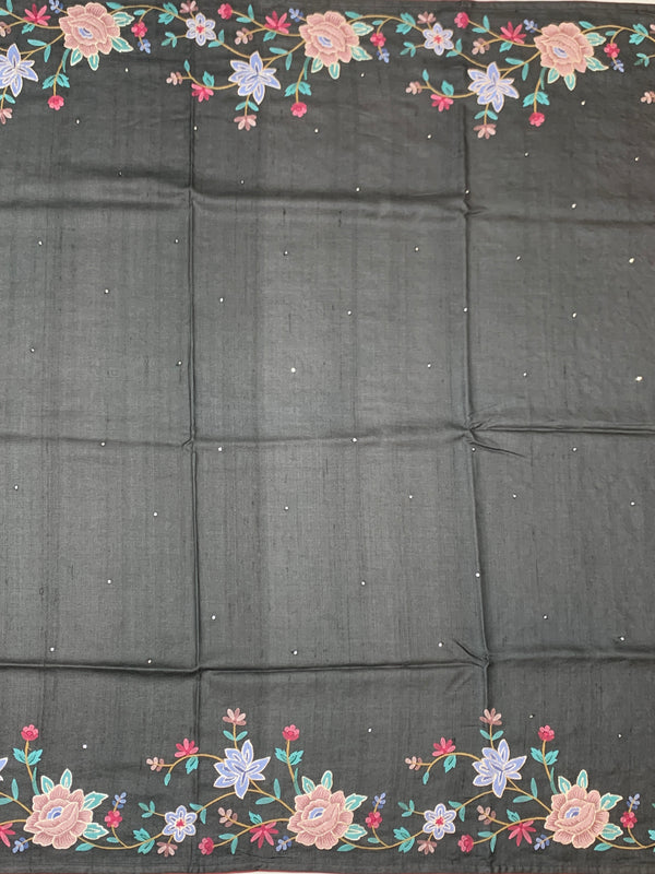 Charcoal Grey Tussore Silk Saree with Pastel Floral Embroidery & Majestic Crane Motif