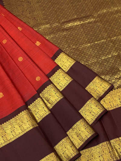Regal Crimson Red & Deep Coffee Brown Kanjeevaram Silk Saree