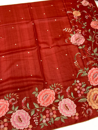 Radiant Red Tussore Saree with Aari Work
