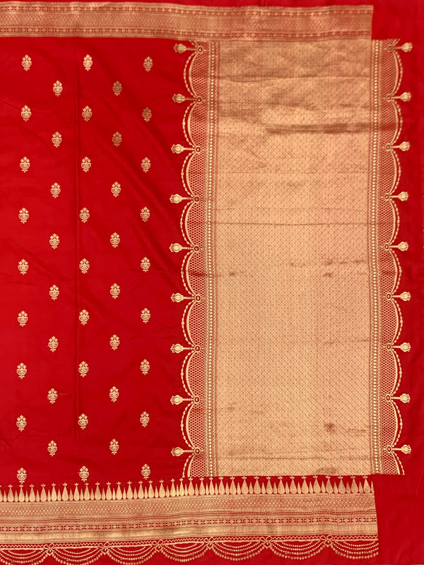 Classic Crimson Red Mashru Silk Saree with Scalloped Zari Border
