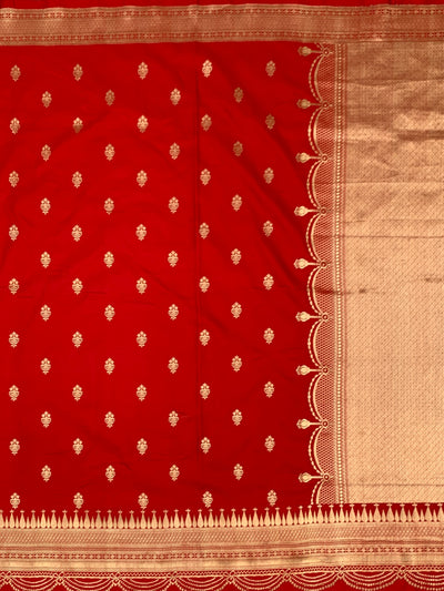 Classic Crimson Red Mashru Silk Saree with Scalloped Zari Border