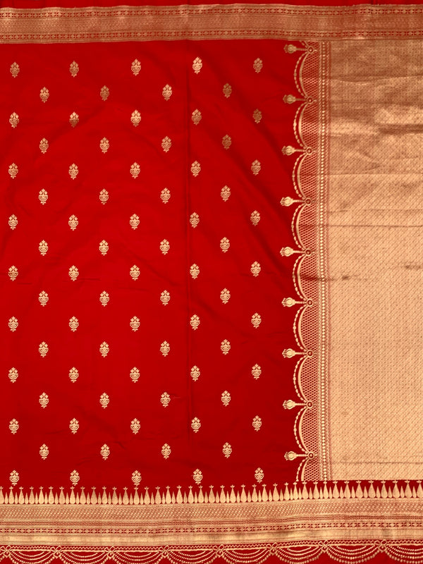 Classic Crimson Red Mashru Silk Saree with Scalloped Zari Border