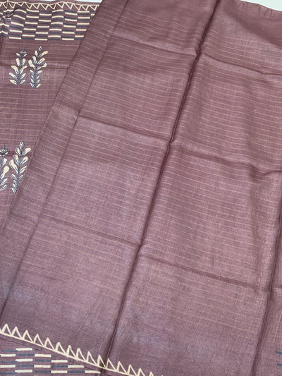 Tussore Printed Saree Dark-Mauve In Colour