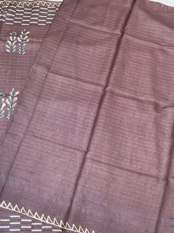 Tussore Printed Saree Dark-Mauve In Colour