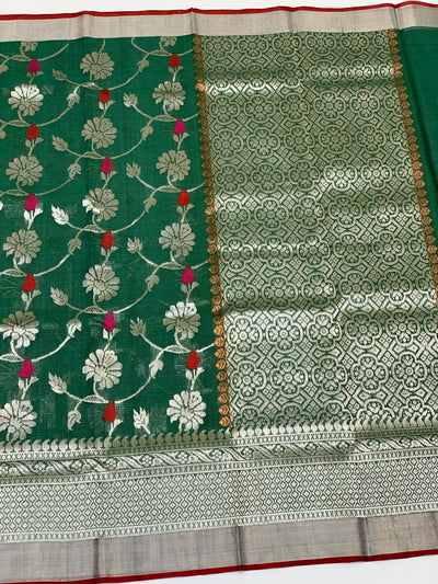Zari Kota Saree Bottle-Green In Color