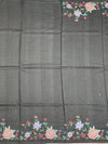 Charcoal Grey Tussore Silk Saree with Pastel Floral Embroidery & Majestic Crane Motif