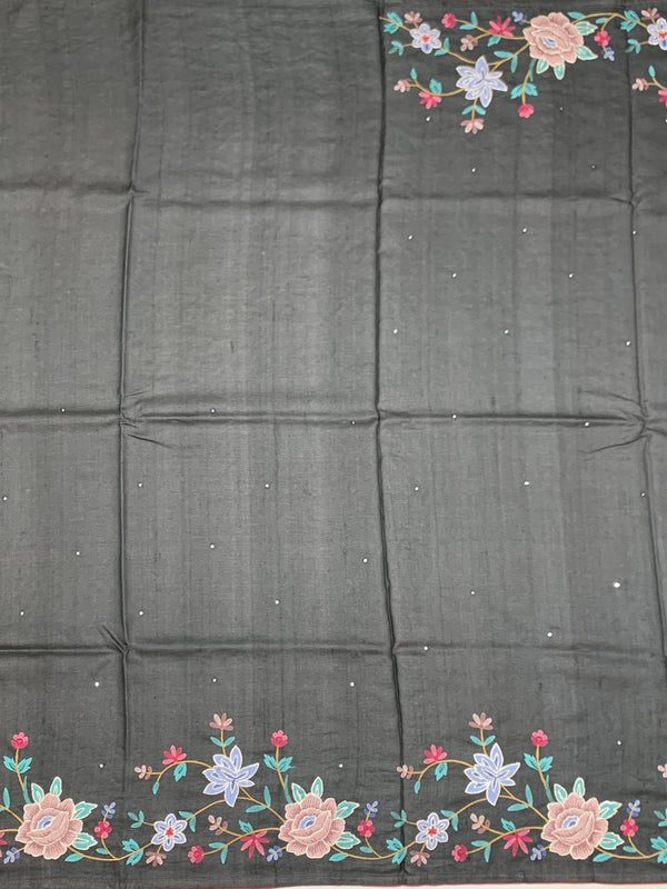 Charcoal Grey Tussore Silk Saree with Pastel Floral Embroidery & Majestic Crane Motif
