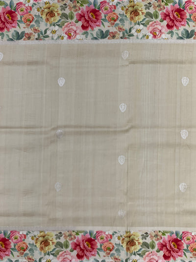 Beige Tussore Saree with Floral Print & Silver Zari