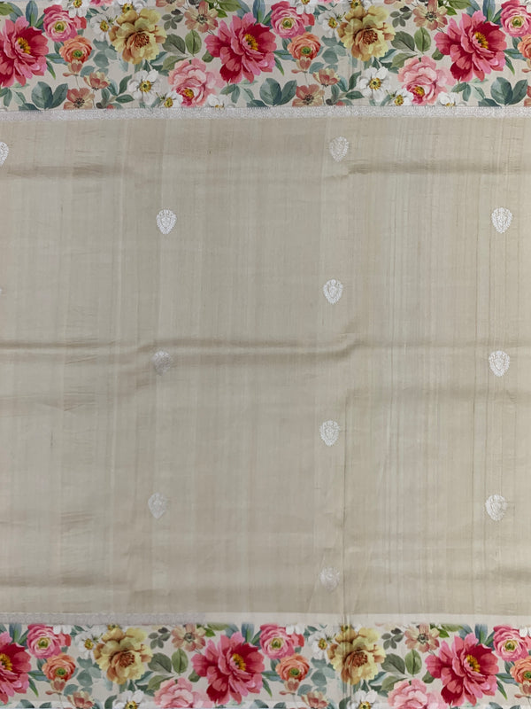 Beige Tussore Saree with Floral Print & Silver Zari