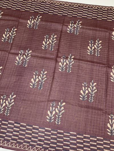 Tussore Printed Saree Dark-Mauve In Colour