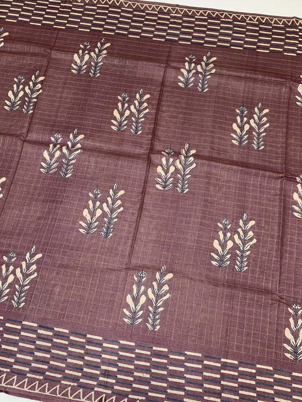 Tussore Printed Saree Dark-Mauve In Colour
