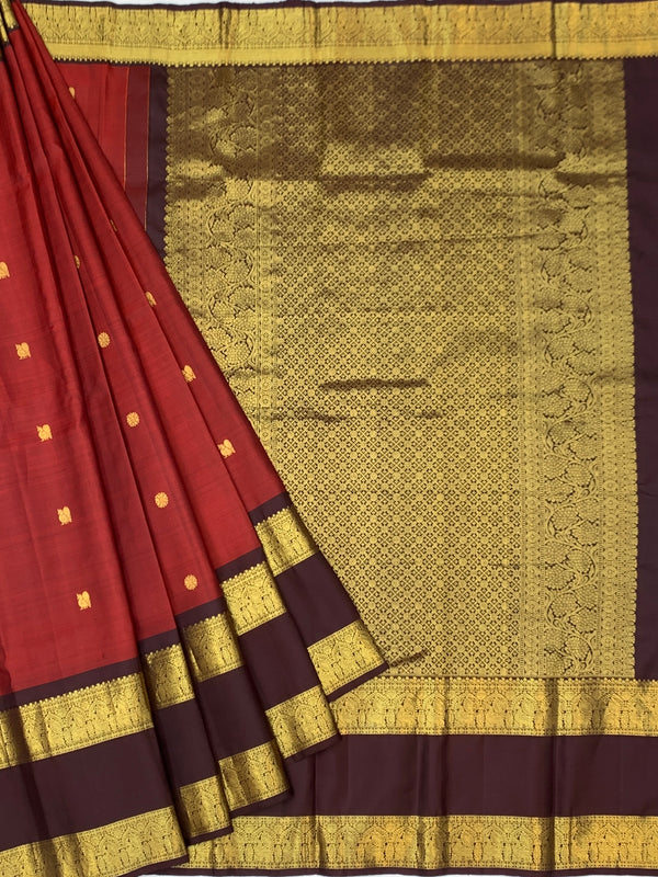 Regal Crimson Red & Deep Coffee Brown Kanjeevaram Silk Saree