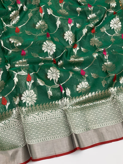 Zari Kota Saree Bottle-Green In Color