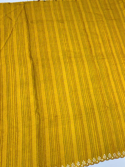 Exquisite Mustard Yellow Tussar Applique Work Saree