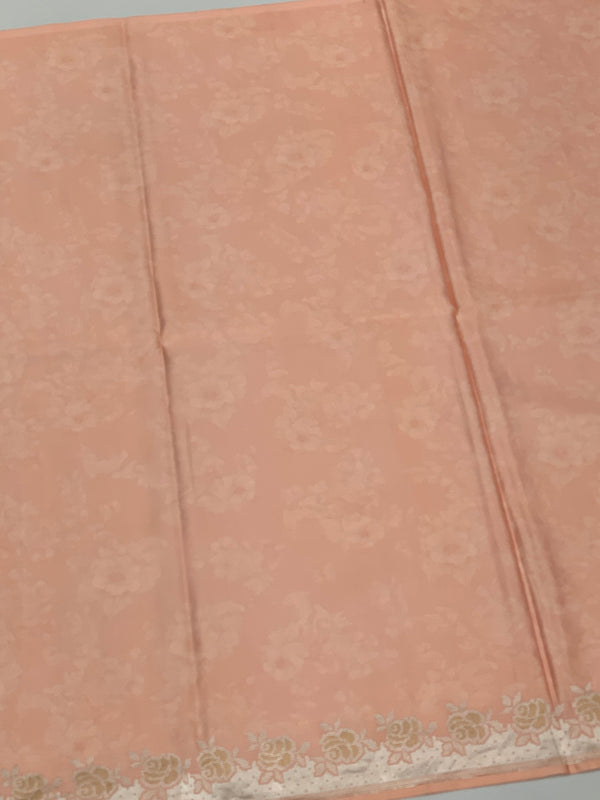 Elegant Peach Floral Mashru Silk Saree with Zari Border