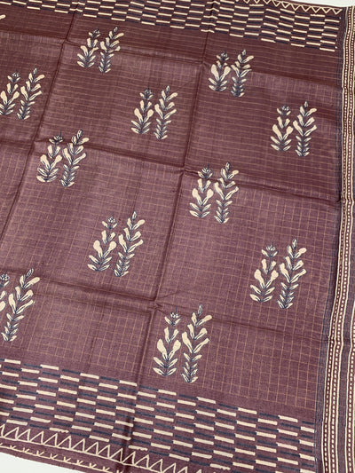 Tussore Printed Saree Dark-Mauve In Colour