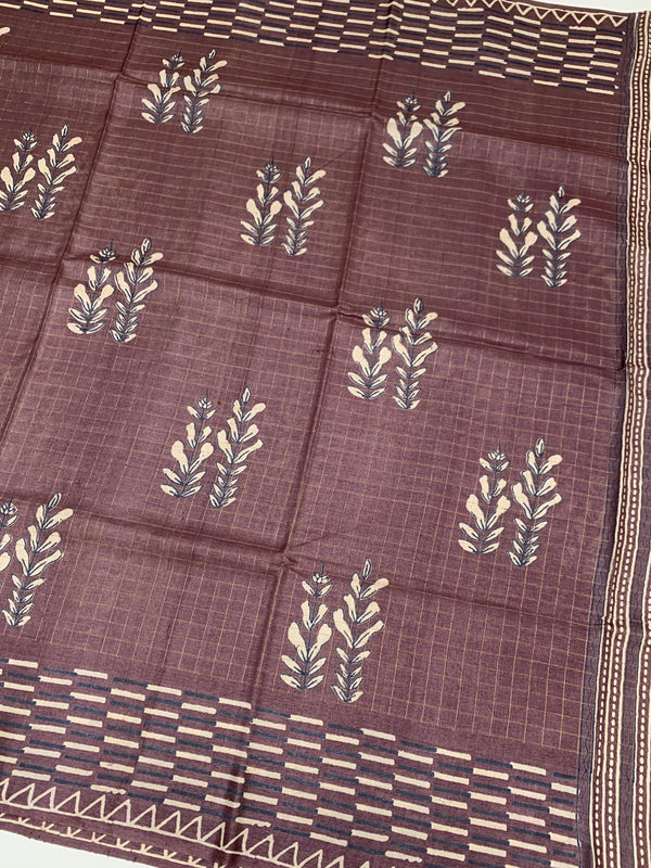 Tussore Printed Saree Dark-Mauve In Colour