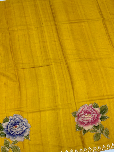 Exquisite Mustard Yellow Tussar Applique Work Saree