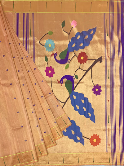 Classic Pastel Peach Paithani Silk Saree with Traditional Golden Peacock Pallu
