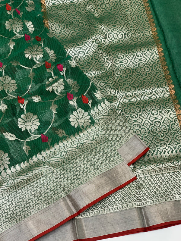 Zari Kota Saree Bottle-Green In Color