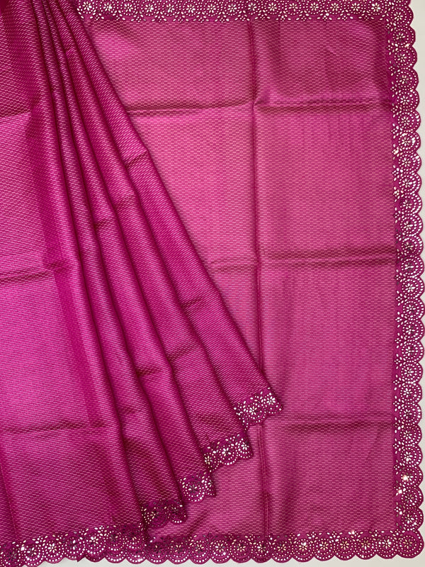 Vibrant Magenta Tussore Silk Saree with Micro-Dashes & Sequin Scallop Border
