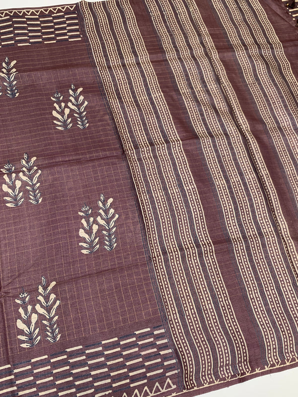 Tussore Printed Saree Dark-Mauve In Colour