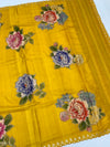 Exquisite Mustard Yellow Tussar Applique Work Saree
