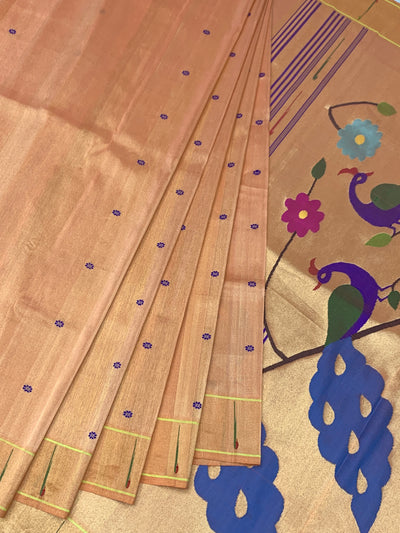 Classic Pastel Peach Paithani Silk Saree with Traditional Golden Peacock Pallu