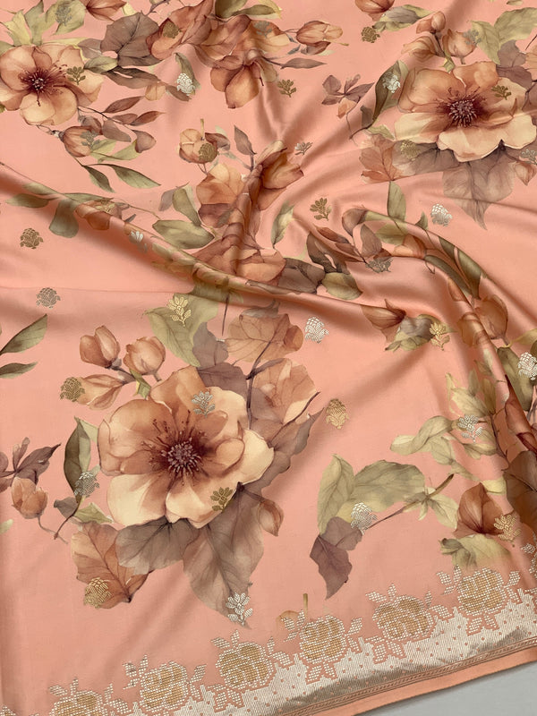 Elegant Peach Floral Mashru Silk Saree with Zari Border