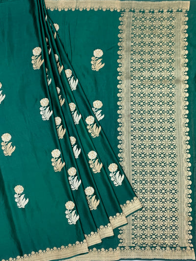Regal Teal Green Mashru Silk Saree with Floral Buttas & Geometric Zari Pallu