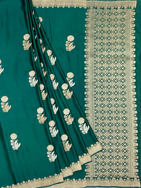 Regal Teal Green Mashru Silk Saree with Floral Buttas & Geometric Zari Pallu