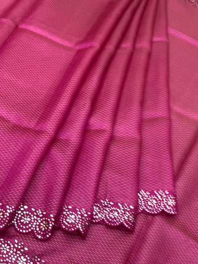 Vibrant Magenta Tussore Silk Saree with Micro-Dashes & Sequin Scallop Border