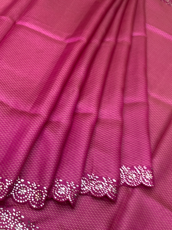 Vibrant Magenta Tussore Silk Saree with Micro-Dashes & Sequin Scallop Border