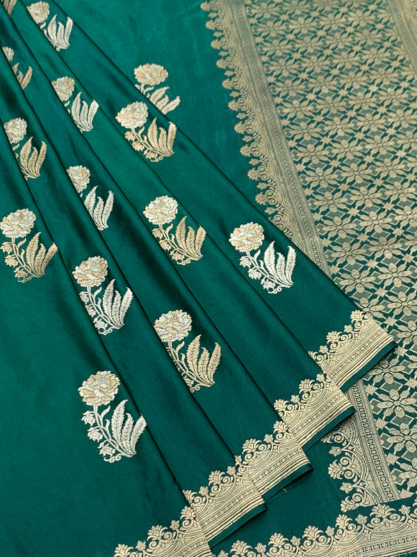 Regal Teal Green Mashru Silk Saree with Floral Buttas & Geometric Zari Pallu