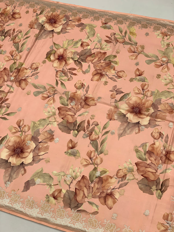Elegant Peach Floral Mashru Silk Saree with Zari Border