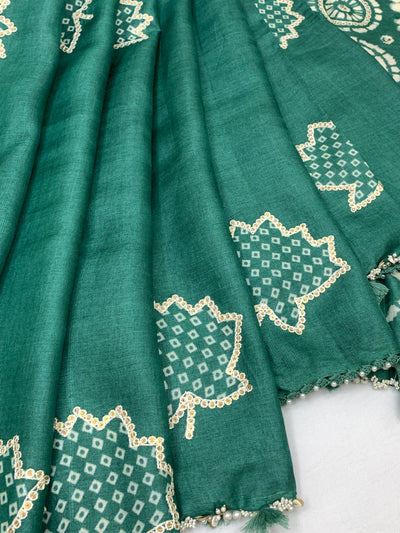 Exquisite Sea-Green Tussore Embroidery Saree