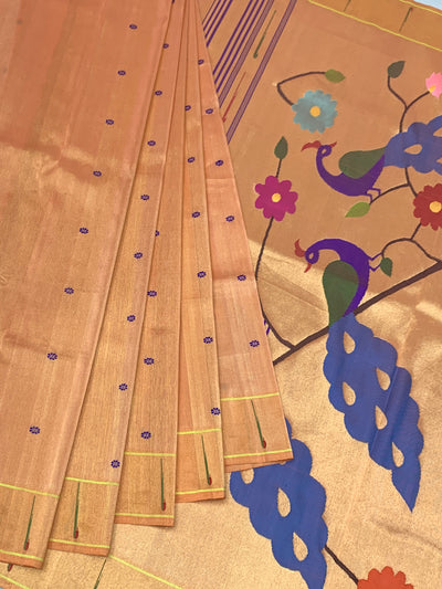 Classic Pastel Peach Paithani Silk Saree with Traditional Golden Peacock Pallu