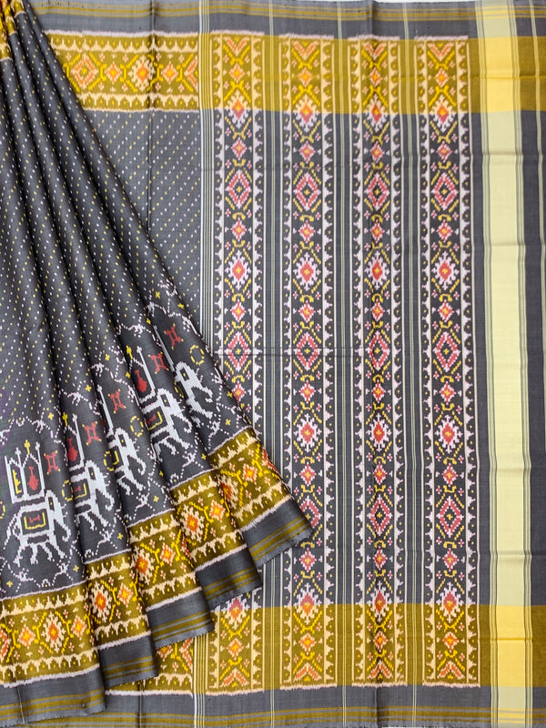 Charcoal Grey & Mustard Yellow Rajkot Patola Silk Saree