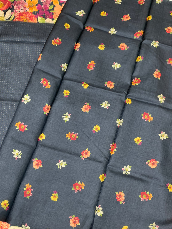 Elephant-Grey Tussore Saree With Floral Border