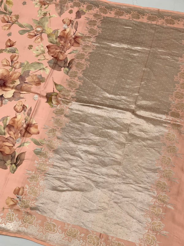 Elegant Peach Floral Mashru Silk Saree with Zari Border