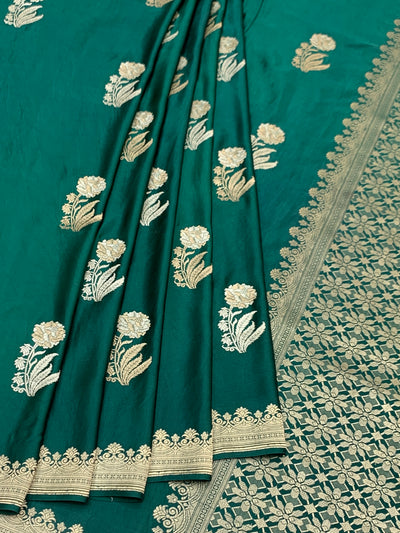 Regal Teal Green Mashru Silk Saree with Floral Buttas & Geometric Zari Pallu