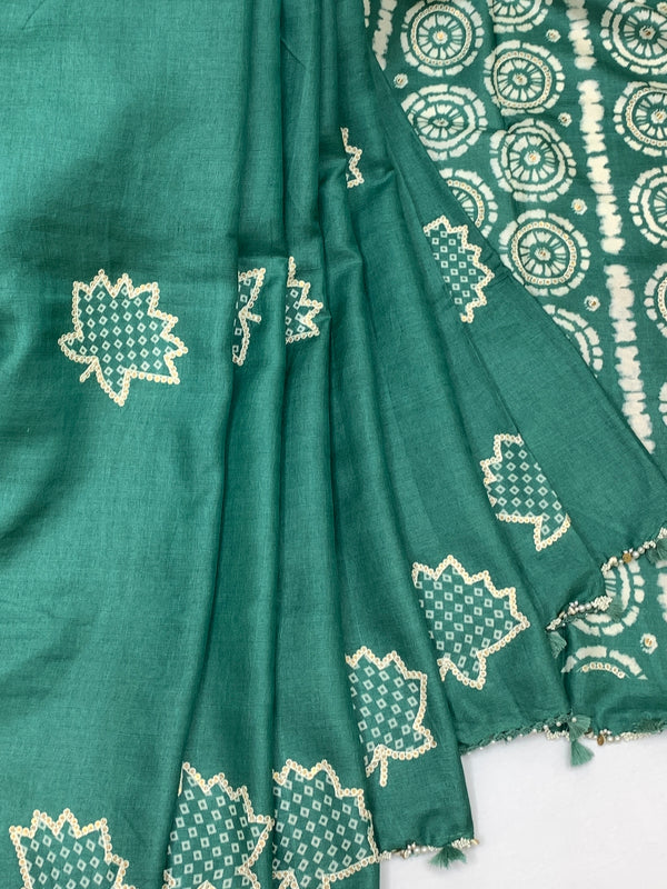 Exquisite Sea-Green Tussore Embroidery Saree