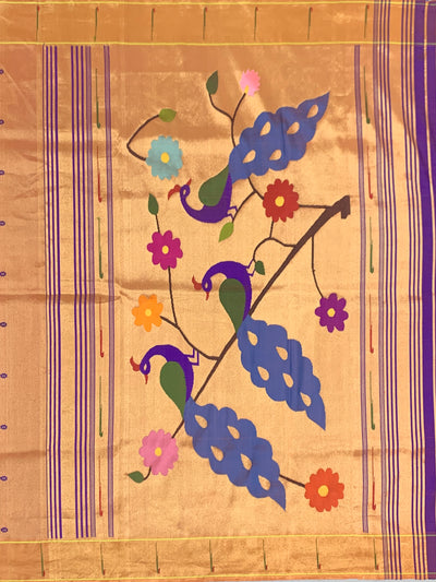 Classic Pastel Peach Paithani Silk Saree with Traditional Golden Peacock Pallu