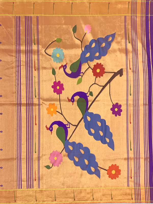 Classic Pastel Peach Paithani Silk Saree with Traditional Golden Peacock Pallu