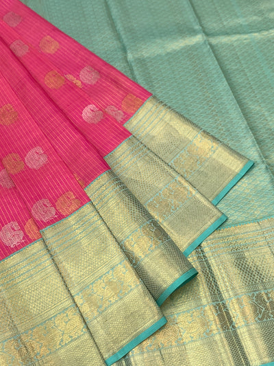 Vibrant Fuchsia Pink & Mint Green Kanjeevaram Silk Saree