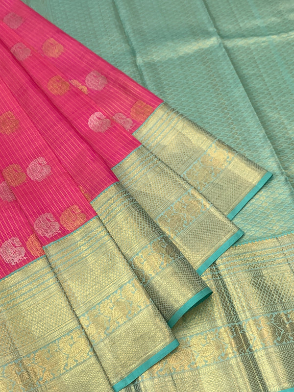 Vibrant Fuchsia Pink & Mint Green Kanjeevaram Silk Saree