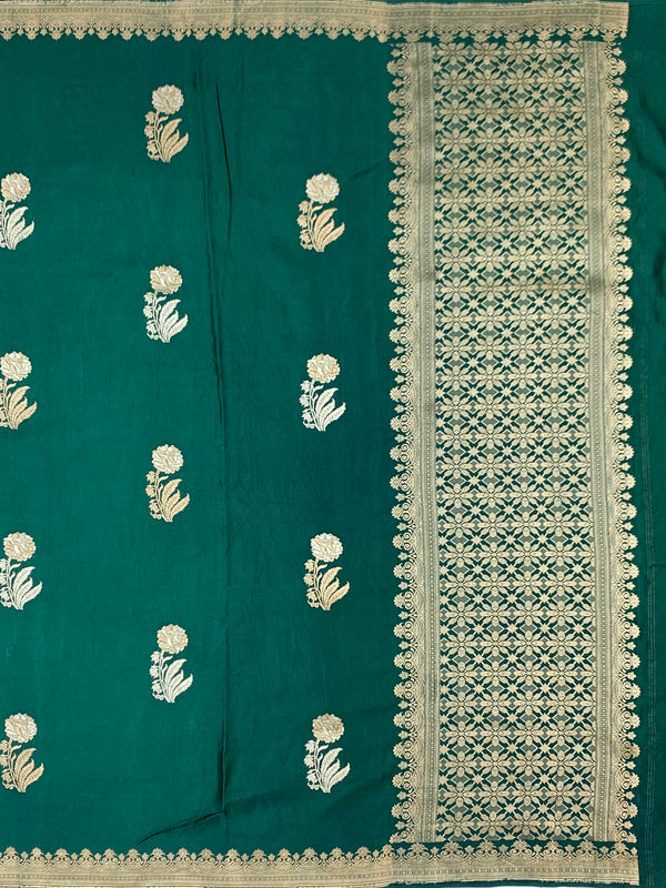 Regal Teal Green Mashru Silk Saree with Floral Buttas & Geometric Zari Pallu