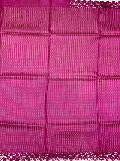 Vibrant Magenta Tussore Silk Saree with Micro-Dashes & Sequin Scallop Border