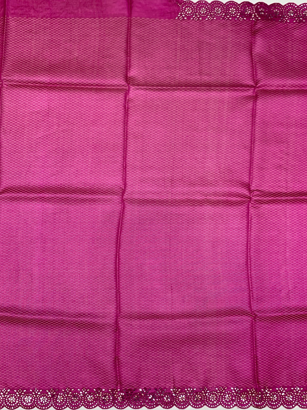 Vibrant Magenta Tussore Silk Saree with Micro-Dashes & Sequin Scallop Border